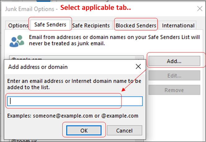 image of safe senders tab