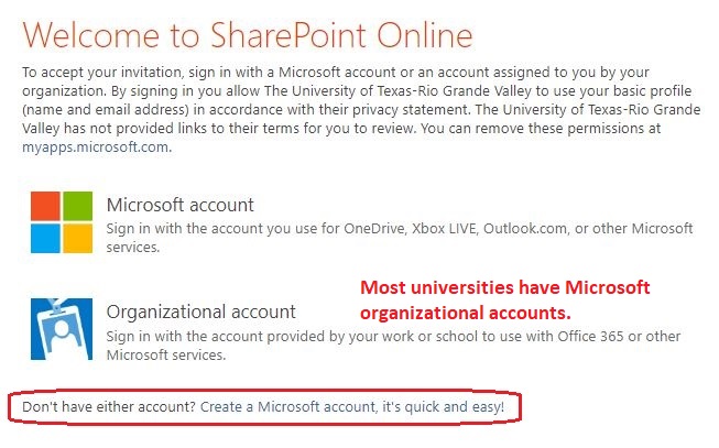 Image of selecting option "Don't have either account? Create a Microsoft account.  It's quick and easy!"