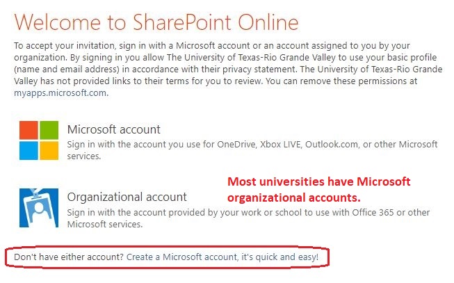 Image of selecting option "Don't have either account? Create a Microsoft account. It's quick and easy!"