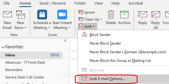 image of selecting junk email options