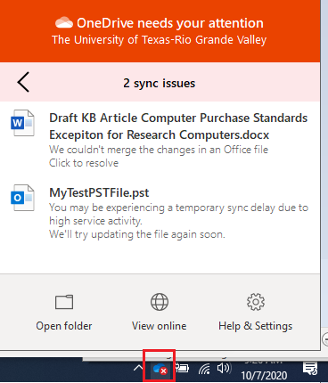 image of OneDrive notifications (available from the OneDrive icon in System tray, near the time at bottom right)