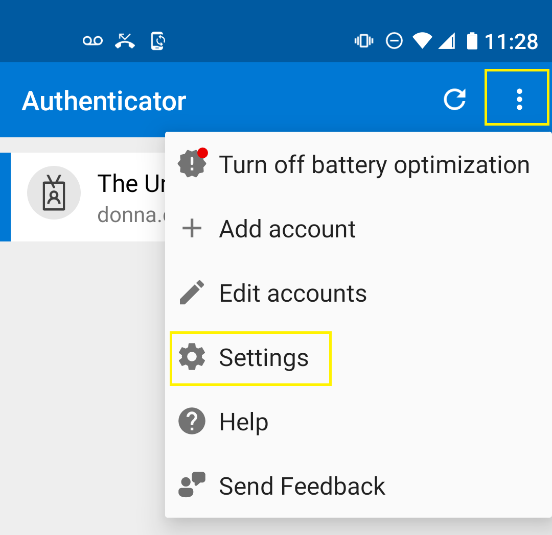 Image of selecting Authenticator app settings menu (three dots)