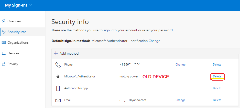 Image of Delete button to delete the existing Microsoft Authenticator authentication method