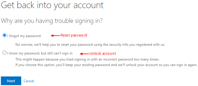 image of account recovery options - I forgot my password, or I know my password, but still can't sign in (unlock)