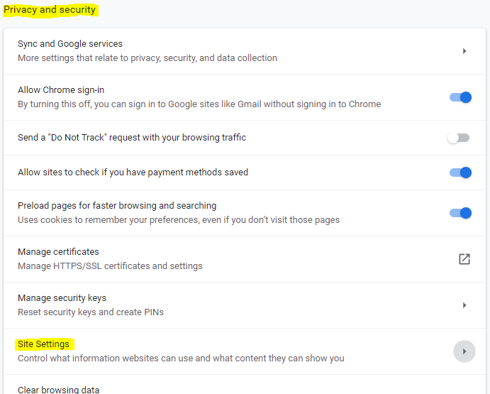 Image of Chrome Privacy and Security settings