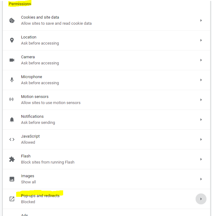 Image of permissions section in Chrome settings